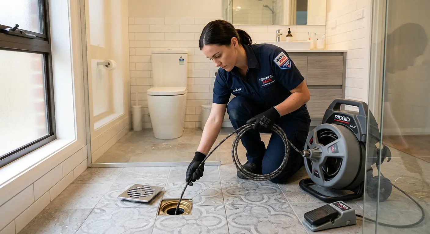 Technician clearing a bathroom floor drain for Sewer Line Installation in Whitemarsh